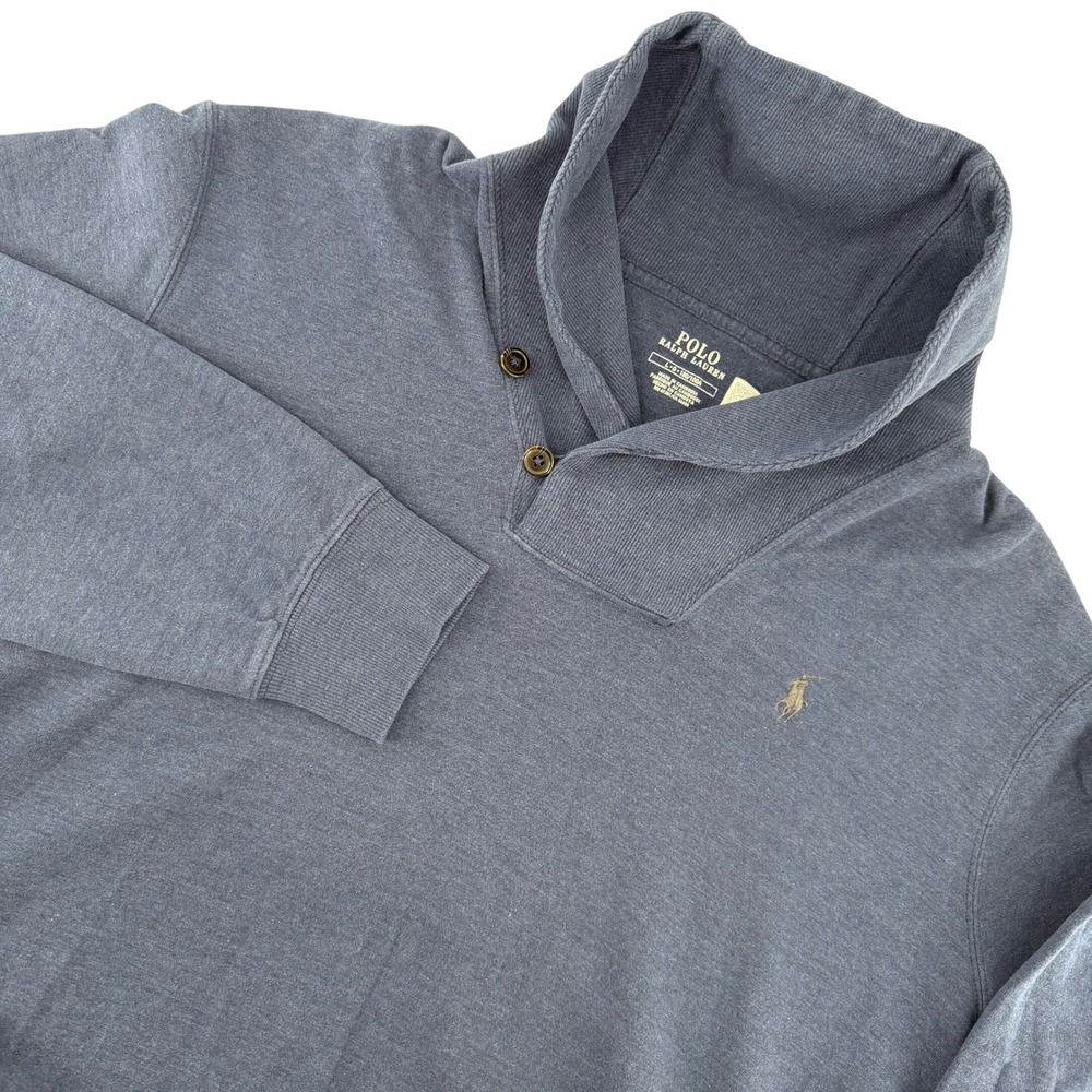 Polo Ralph Lauren Men's L Blue Shawl Collar Pullover Sweatshirt Casual Knit Pony